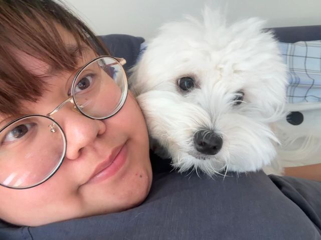 Pet sitter lying beside two small white dogs